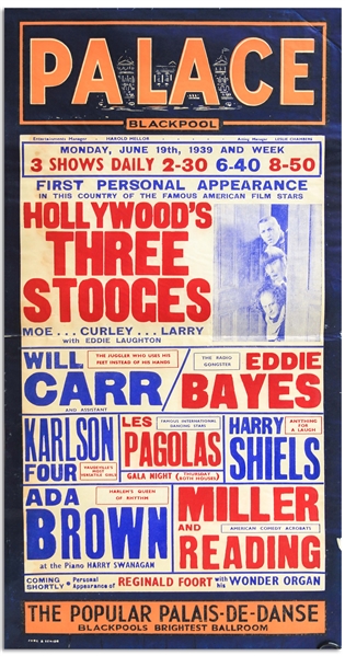 12.5 x 24 Poster From June 1939 Advertising The Three Stooges Show at the Blackpool Palace in England -- Curly Misspelled as Curley